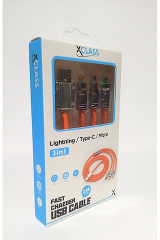 Xclass K302 3 In 1 Üçü Birarada Led Işıklı 5v /3,4a Hızlı Şarj Ve Data Kablosu Turuncu
