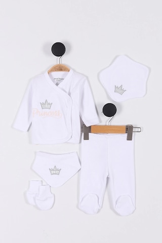 Prenses Desenli Müslin Kız Bebek Hastane Çıkışı Bebek Kıyafetleri Yenidoğan Hastane Çıkış Seti 5 Li Beyaz