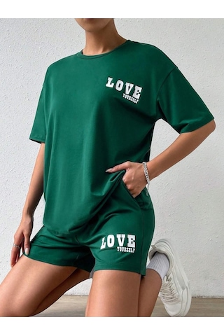 Love Yourself T-shirt Şort - Yeşil Alt Üst Kombin Şort Tişört Takım Baskılı Oversize Bisiklet Yaka Yeşil