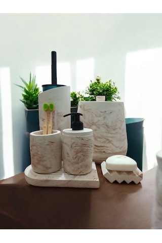 Mermer Serisi Beton Banyo Seti,çöp Kovasi,tuvalet Fırçası Takimı,tepsi,sıvı Ve Katı Sabunluk, Bej