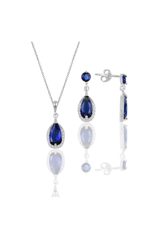 Gümüş Rodyumlu Safir Taşlı Damla Modeli Kolye Ve Küpe İkili Set
