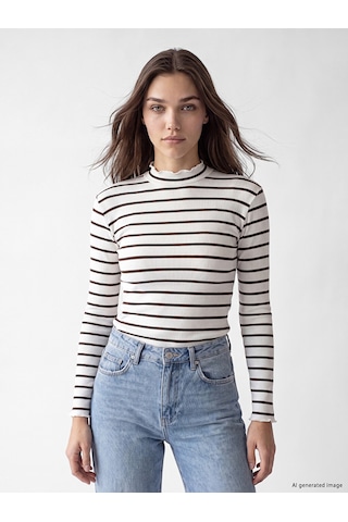 Lcw Modest Kahverengi Dik Yaka Çizgili Kadın Body