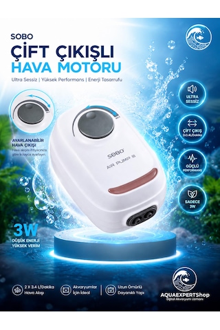 Akvaryum Hava Motoru - Çift Çıkışlı - Ultra Sessiz - Ayarlanabilir Hava Çıkışı - Ar-10 - 3w - 2x3.4lt/dakika