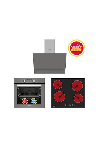 Simfer 4 Fonkisyon Trend Dijital Gri Power Turbo Elektrikli 3'lü Ankastre Set (Fırın + Elektrikli Ocak + Davlumbaz)
