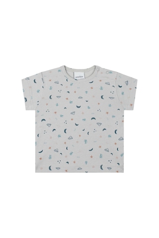 Antebies Organik Gri Uzay Desenli Beli Lastikli Bağcıklı Kısa Kollu Erkek Bebek Tshirt Şort Takımı