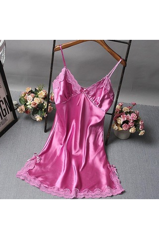 Suntek Bayan Sexy Lingerie Pijama Saten Ilmek Dantel Babydoll Pembe