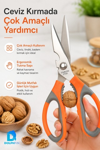Çok Amaçlı Mutfak Makası Paslanmaz Çelik Ceviz Kıracaklı Turuncu Gri
