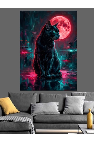 Dolunay Altında Neon Kara Kedi Dekoratif Kanvas - Mdf Ahşap Tablo