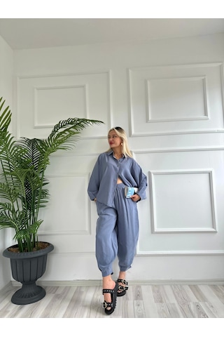Keymoda Kadın Gömlek Pantolon Takım Gri Mavi Gri Mavi