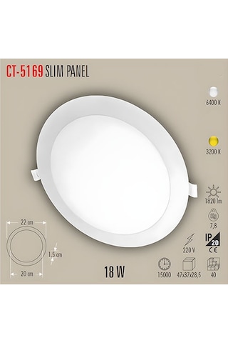 Cata Slim Led Panel S/a Yuvarlak 18w Günışığı Ct-5169g Beyaz