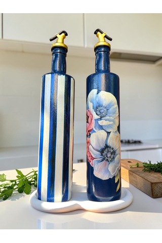 750 Ml Büyük Boy El Yapımı Cam Yağdanlık Sirkelik 2'li Set Çiçek Desenli Ve Çizgili Dekoratif Zeyt Mavi Ve Beyaz