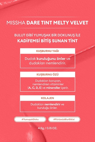 Uzun Süre Kalıcı, Bulaşma Yapmayan, Kadifemsi Bitiş Sunan Tint Dare Tint Melty Velvet Rosy Cloud 0 61073098