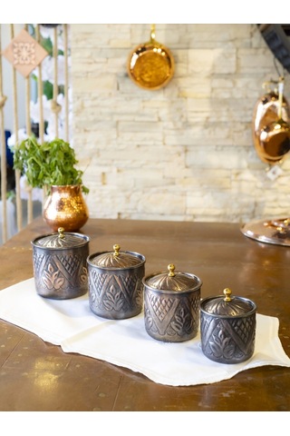 Bakır Baharat Takımı Desen Kakmalı Model Oksit Renk 4'lü Oksit Bakır