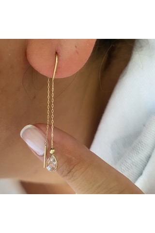 Beyaz Damla Taşlı 14k Altın Zincir Küpe