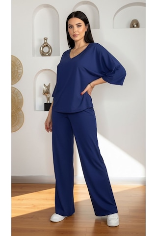 Divinus Bol Kesim V Yaka Yarım Kollu Pijama Takımı Lacivert