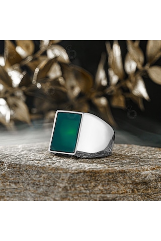 Gümüş Yeşil Akik Taşlı Sade Tasarım Erkek Yüzük