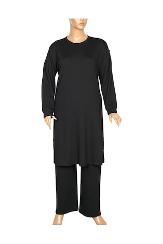 Hesna Kadın Benan Fitilli Düğmeli Spor Siyah Tunik Pantolon Takım Siyah