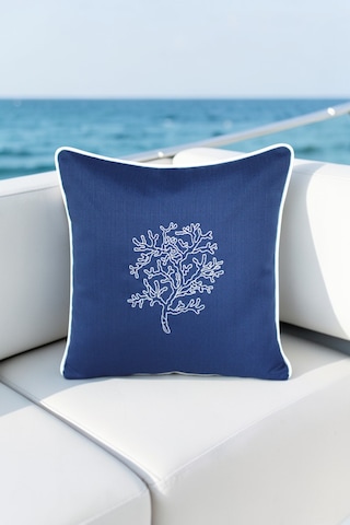 Kırlent Kılıfı 45x45 3'lü Set Marin Nakışlı Yosun Desen Su İtici Outdoor Keten Tekne Bahçe Lacivert