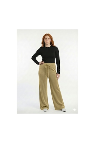 Neden Tekstil Kadın Simli İpli İnce Fitilli Bol Paça Örme Pantolon - Camel-gold