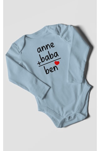 Anne Baba Ve Ben Baskılı Bebek Zıbını Çıtçıtlı Body %100 Pamuk Uzun Kol Bebe Mavisi