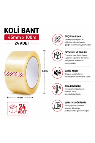 24 Adet Şeffaf Koli Bandı 45 Mm X 100 M Güçlü Yapışkan Ambalaj Paketleme Bandı