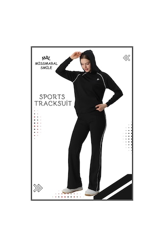 Kadın Spor Eşofman Takım İspanyol Paça Çift Cepli Alt &kapüşonlu Kanguru Cepli Üst Siyah Byz 3053 Siyah