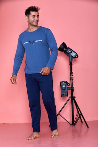 Mutlu City Erkek Penye Pamuk Regular Kalıp Cepli Sıfır Yaka Pijama Takımı 300933- İndigo Mavi-indigo İndigo