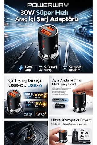 30w Süper Hızlı Araç Şarj Adaptörü Mini Kompakt Tasarım, Pd + Qc 4.0, Çift Usb Type-c & Usb-a -