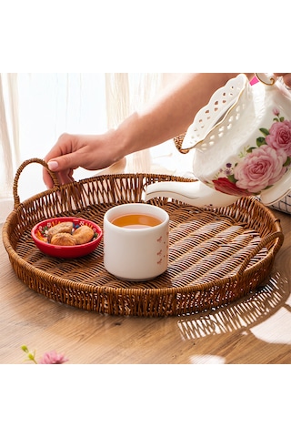 Porsima 710-c Yuvarlak 3'lü Hasır Tepsi Dekoratif Sunum Tepsisi