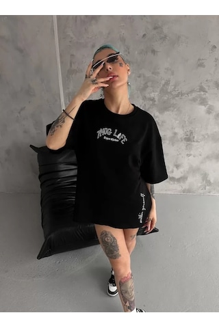 Modi Unisex Baskılı Oversize T-shirt - Siyah - Mymg98300