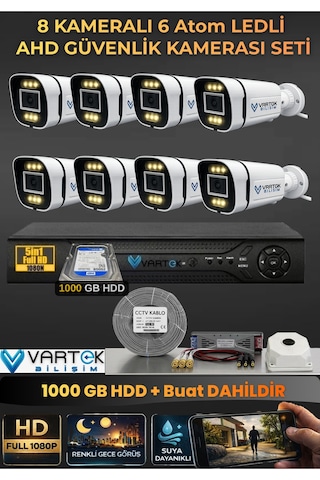 8 Kameralı 6 Atom Led Gece Renkli Görüşlü Güvenlik Kamerası Seti + 1 Tb Hdd