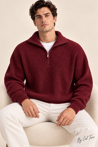 Tarz Cool Erkek Oversize Fermuarlı Balıkçı Triko Kazak Bordo