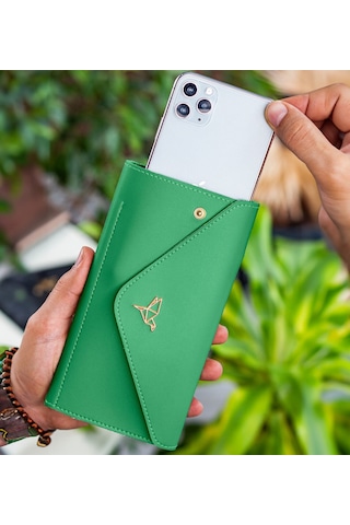 Bk Gift Kişiye Özel İsimli Telefon Ve Bozuk Para Bölmeli Zarf Model Yeşil Kadın Cüzdanı, Sevgiliye Hediye, Anneye Hediye Renkli Çok Renkli