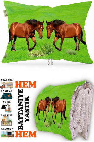 At Desen Baskılı Tv Battaniyeli Opsiyonel Dekoratif Hediye Yastık Battaniye 2in1 Gifts Çok Renkli