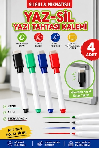4 Adet Keçeli Renkli Yaz-sil Yazı Tahtası Kalemi, Silgili Mıknatıslı Kalem, Keçeli Kalem