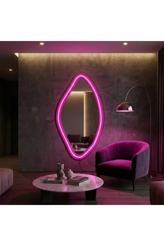 55x110 Cm Pembe Mdf Çerçeveli Led Ayna Işıklı, Modern Ve Dekoratif Duvar Aynası Pembe