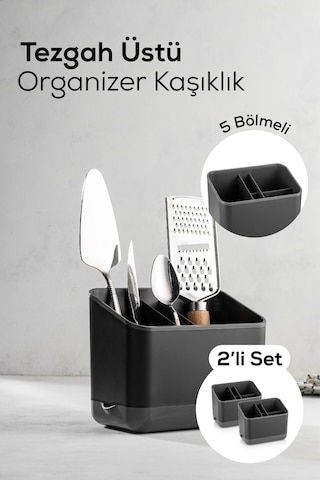 Vienev 2 Adet Tezgah Üstü Kaşık Düzenleyici 5 Bölmeli Organizer Kaşıklık Antrasit
