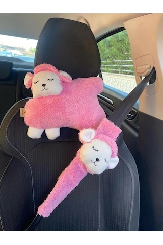 Pembe Kuzu Araba Boyun Yastığı Ve Emniyet Kemeri Aksesuarı Peluş Kılıf Seti 1 Yastık Ve 1 Kılıf Diğer