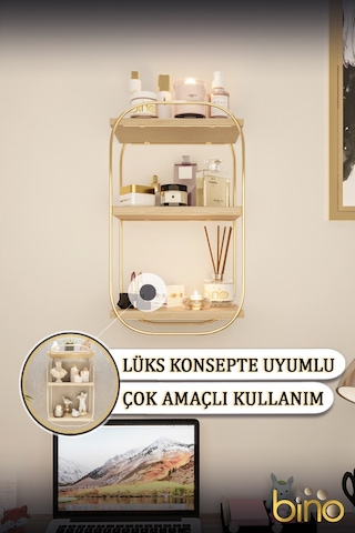 Bino Duvar Rafı Çok Amaçlı Düzenleyici Oval Raf Ahşap Banyo Mutfak Rafı Makyaj Ve Takı Organizeri
