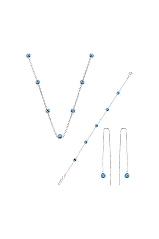 Gümüş Rodyumlu,Cam Göz Nazar Kolye Küpe Ve Bileklik Gümüş Set