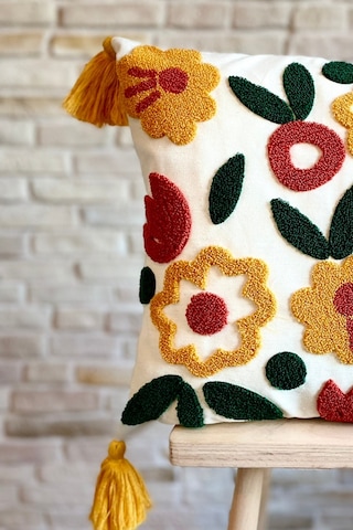 Swita Home Punch İşlemeli Tekli Dekoratif Özel Tasarım Kırlent Kılıfı Panç Yeşil - Kırmızı