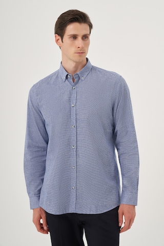 Morven Erkek Mavi Keten Trend Desenli Regular Fit Düğmeli Yaka Gömlek 25ys004027300 Mavi Mavi
