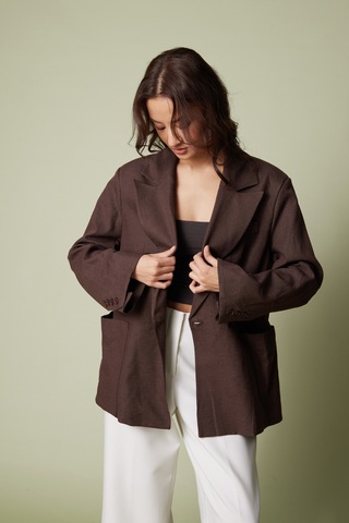 Keten Karışımlı Kuşaklı Blazer Ceket Kahve