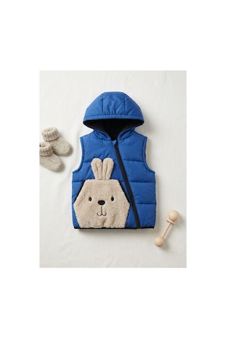Deniva Kids Unisex Çocuk Kapüşonlu Peluş Tavşan Cepli Şişme Yelek İçi Astarlı Fermuarlı Mavi Yelek Saks Mavi