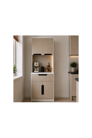 Ledli Kahve Köşesi Dolabı - %100 Mdf-80 Cm Kum Beji Ledli Kahve Köşesi Dolabı - %100 Mdf-80 Cm Kum Beji