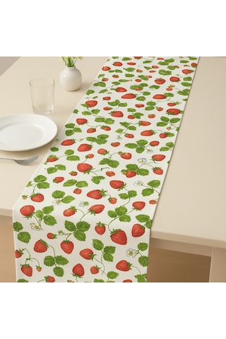 Çilek Desenli Runner, Duck Kumaş Runner, Su Ve Leke İtici Dayanıklı, Modern Tasarım 35x120 Cm Çok Renkli