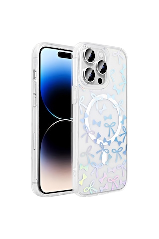 Techaks Apple Uyumlu iPhone 14 Pro Kılıf M-safe Şarj Özellikli Şeffaf Zore Folk Sert Kapak - Fiyonk Beyaz
