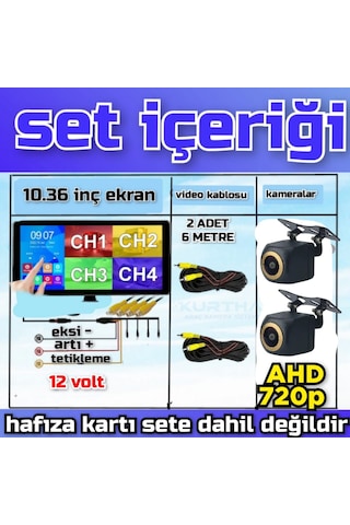 2 Adet Balık Gözü 720p Ahd 170'' Kamera Dokunmatik 10.36'' Video Müzik Dvr Ekran Seti 12 V