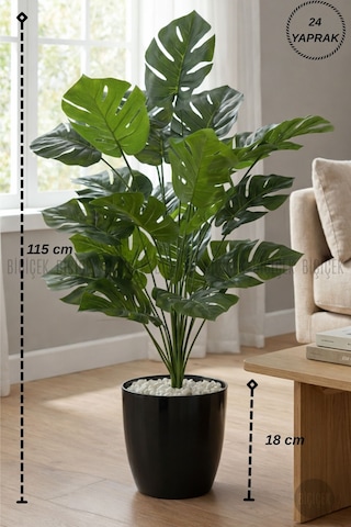 Biçiçek Yapay Monstera Deve Tabanı Yakut Saksıda Siyah