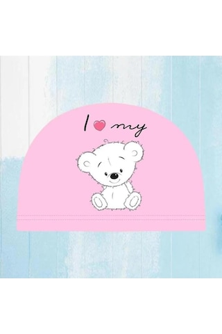 Çocuklar İçin Pembe Ayıcık Figürlü Deniz Havuz Bonesi, Likralı Bez Bone Yüzücü Deniz Bonesi, Su Spor Pembe